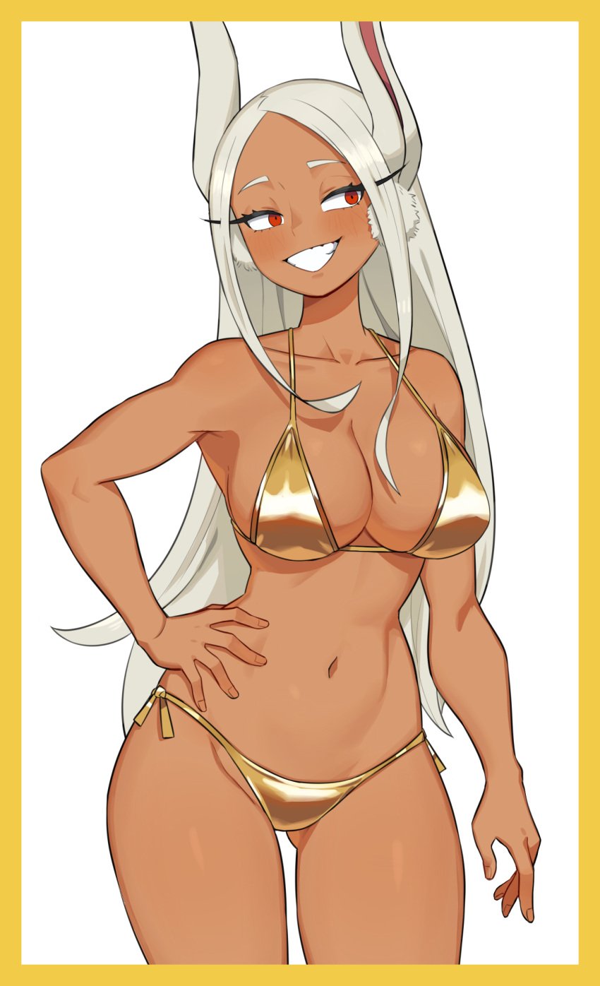 :d animal_ears ass_visible_through_thighs bare_shoulders bikini blush boku_no_hero_academia border breasts cleavage collarbone dark-skinned_female dark_skin female flowers-imh gold_bikini hand_on_own_hip highres large_breasts long_eyelashes long_hair looking_to_the_side midriff miruko my_hero_academia navel parted_bangs rabbit_ears rabbit_girl red_eyes rumi_usagiyama shiny_skin side-tie_bikini_bottom smile solo stomach swimsuit teeth thighs toned usagiyama_rumi white_background white_hair yellow_border