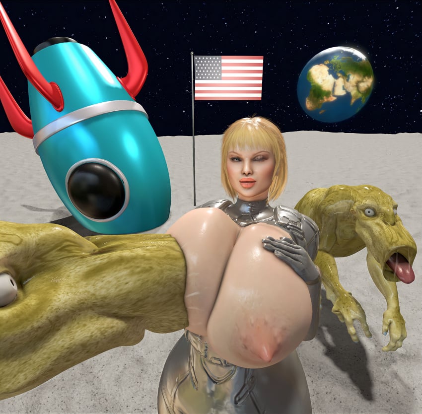 3d alien american_flag big_breasts blonde_hair breast_feeding breastfeeding breasts earth massive_breasts monster moon natsa nipples original_character space spacesuit sucking_nipples