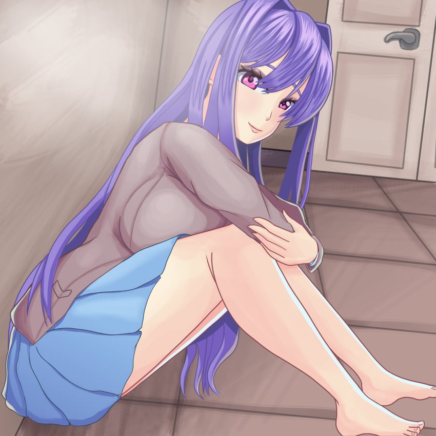 1girls alternate_version_available barefoot big_breasts breasts clothed clothed_female doki_doki_literature_club feet female female_only full_body long_hair looking_at_viewer moritaris purple_hair school school_uniform schoolgirl sitting smile soles solo solo_female yuri_(doki_doki_literature_club)