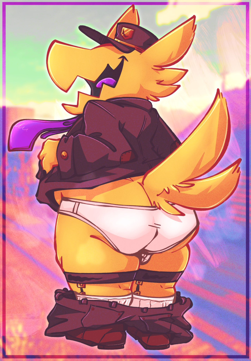 a_hat_in_time anthro ass avian balls bird bottomwear bottomwear_down clothed clothing feathers genitals hat headgear headwear hi_res male open_mouth pants pants_down partially_clothed presenting presenting_hindquarters salamikii the_conductor the_conductor_(ahit) underwear yellow_body yellow_feathers