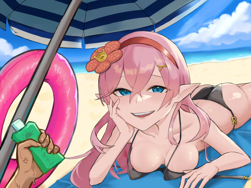 1girls beach bikini blue_eyes boobs duel_monster loose_bra pink_hair sunbathing sunscreen traptrix traptrix_rafflesia yu-gi-oh!