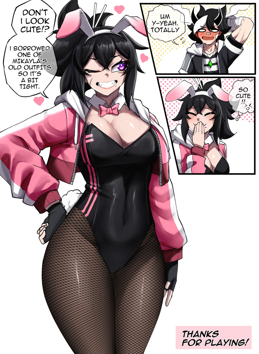 1boy 1girls black_hair blush bunny_ears bunny_girl bunnysuit comic english_text heart long_hair rageman709