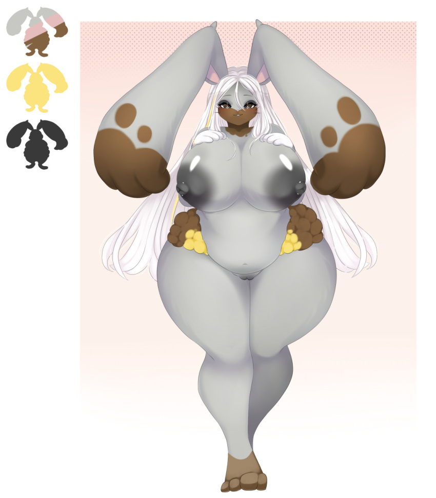 <3_eyes accessory anthro big_breasts big_ears breasts brown_body brown_fur diggersby dipstick_ears dipstick_limbs ears_down eyelashes female fur generation_6_pokemon genitals grey_body grey_eyes grey_fur grey_nipples hadzukonami hair hair_accessory heart hi_res huge_breasts long_hair looking_at_viewer multicolored_ears navel nintendo nipple_piercing nipples nude overweight overweight_female piercing pink_background pivoted_ears pokemon pokemon_(species) pussy simple_background smile solo thick_thighs whiskers white_background white_body white_fur white_hair wide_hips yellow_body yellow_fur