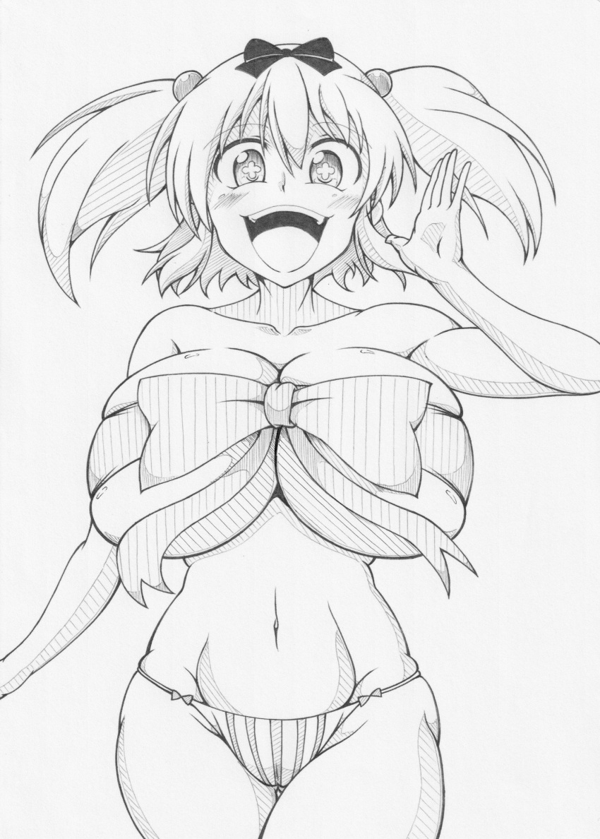 1girls 2023 :d breasts cameltoe collarbone eyebrows_visible_through_hair female flower-shaped_pupils front_view ha_jin hair_ornament hair_ribbon hibari_(senran_kagura) huge_breasts kunoichi looking_at_viewer marvelous medium_hair midriff monochrome navel open_mouth panties pencil_(artwork) ribbon ribbon_bondage ribbon_bra senran_kagura simple_background sketch skindentation smile solo standing teeth thick_thighs tongue twintails white_background