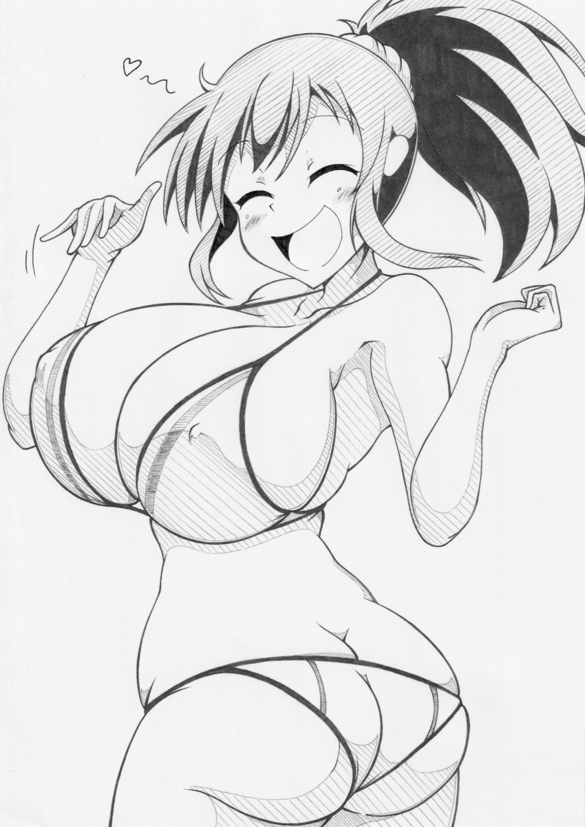 1girls :d asuka_(senran_kagura) bangs bikini female ha_jin huge_breasts long_hair looking_at_viewer looking_back monochrome nipple_bulge open_mouth pencil_(artwork) ponytail senran_kagura simple_background solo standing thick_ass thick_thighs white_background