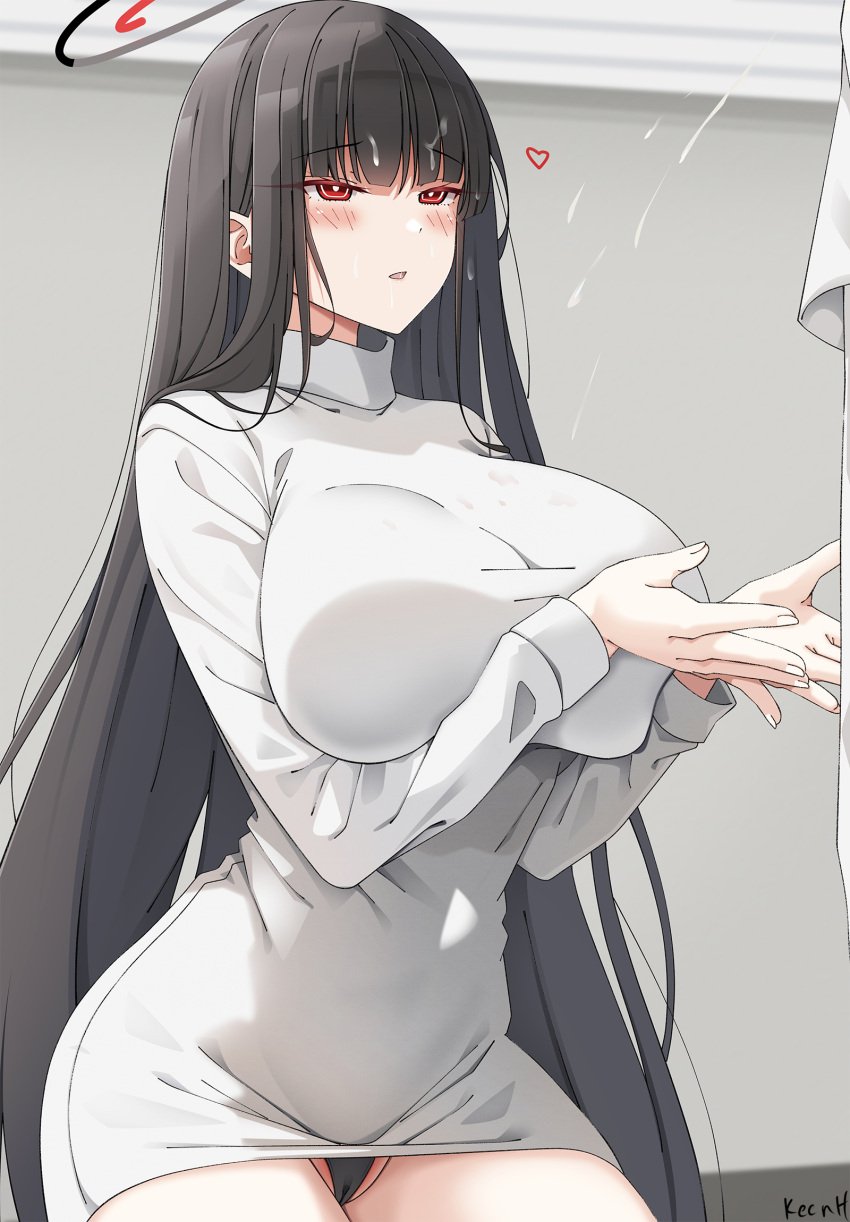 black_hair black_panties blue_archive blunt_bangs blush breasts commentary_request female halo heart highres keenh large_breasts long_hair long_sleeves milk millennium_science_school_student panties parted_lips rio_(blue_archive) seminar_(blue_archive) sexually_suggestive solo suggestive_fluid sweater underwear white_pupils white_sweater yes