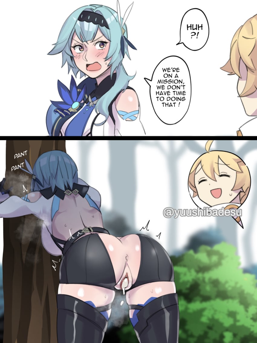 1boy 1girls aether_(genshin_impact) after_sex before_and_after clothed color cum cum_in_pussy cum_leaking_out_of_pussy dialogue drawing eula_(genshin_impact) fat_ass genshin_impact mihoyo pleasure_face short_hair straight taller_girl thick_thighs yuushiba