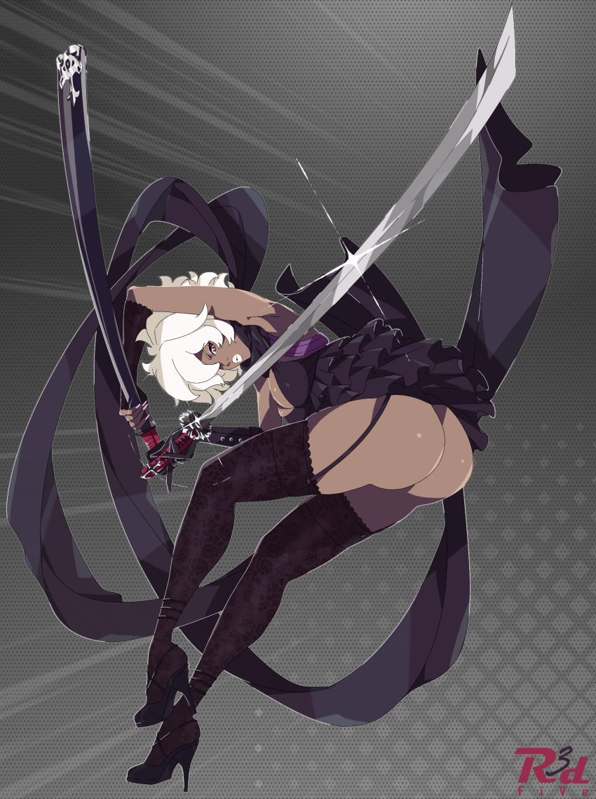 absurdres afro ass big_hair boots breasts dark-skinned_female dark_skin dress female fingerless_gloves garter_straps gloves grasshopper_manufacture hair_over_one_eye high_heel_boots high_heels highres holding huge_ass large_breasts looking_at_viewer no_more_heroes r3dfive scarf sheath shinobu_jacobs shiny_skin short_dress skirt solo sword thighhighs thong upskirt weapon white_hair