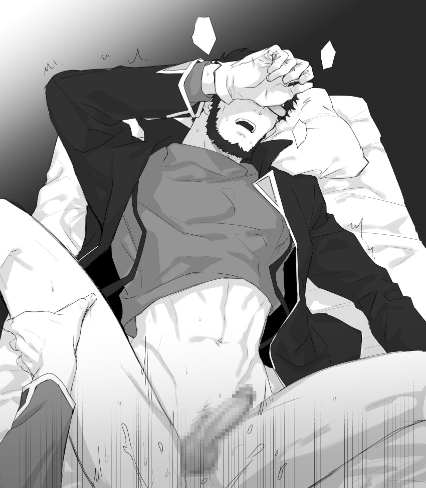 2boys absurdres anal beard blush bottomless censored clothes_lift covering_face erection facial_hair gendo_ikari glasses gloves greyscale hand_on_another's_leg hand_on_own_face highres jacket kozo_fuyutsuki lying male_focus mature_male monochrome mosaic_censoring motion_lines multiple_boys neon_genesis_evangelion ohitashi_(ohiohi1130) on_back on_bed open_clothes open_jacket open_mouth penis shirt_lift solo_focus spread_legs stomach sweat teeth upper_teeth_only yaoi