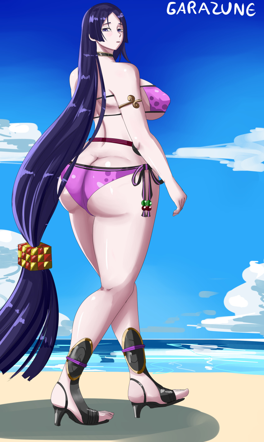 1girls 2023 artist_name ass beach breasts curvaceous curvy fate/grand_order fate_(series) female female_only garazune heels hi_res high_resolution highres hips huge_ass huge_breasts long_hair looking_back minamoto_no_raikou_(fate/grand_order) minamoto_no_raikou_(swimsuit_lancer) purple_hair solo voluptuous wide_hips