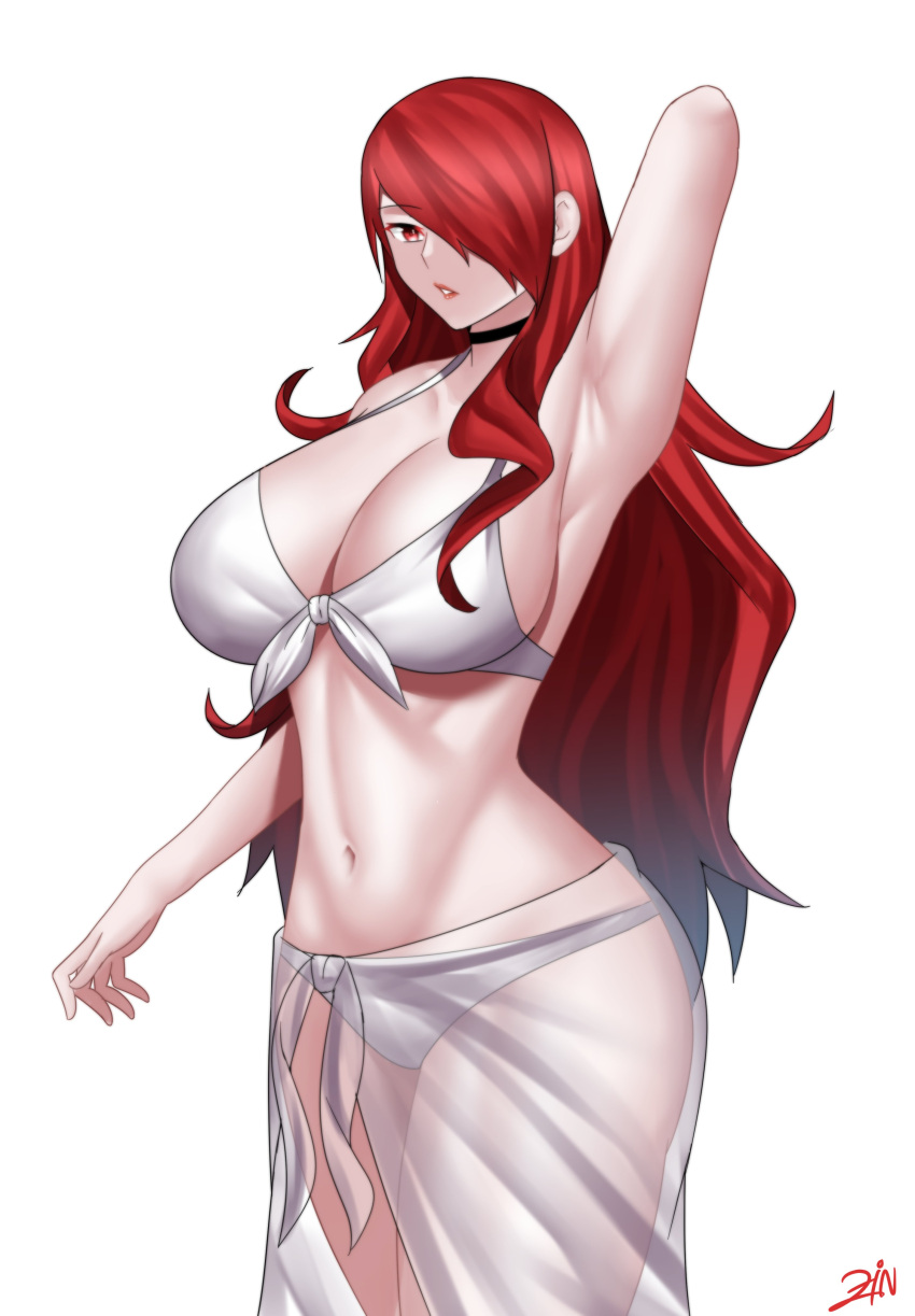 armpit_fetish armpits arms_behind_head arms_up big_ass big_breasts big_butt bikini choker female_only huge_breasts looking_at_viewer mitsuru_kirijo persona persona_3 red_eyes red_hair solo solo_female swimsuit swimwear thick_ass thick_thighs zinfian