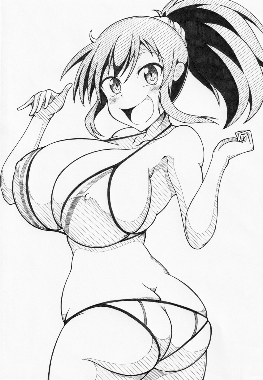 1girls :d asuka_(senran_kagura) bangs bikini female ha_jin huge_breasts long_hair looking_at_viewer looking_back monochrome nipple_bulge open_mouth pencil_(artwork) ponytail senran_kagura simple_background solo standing thick_ass thick_thighs white_background