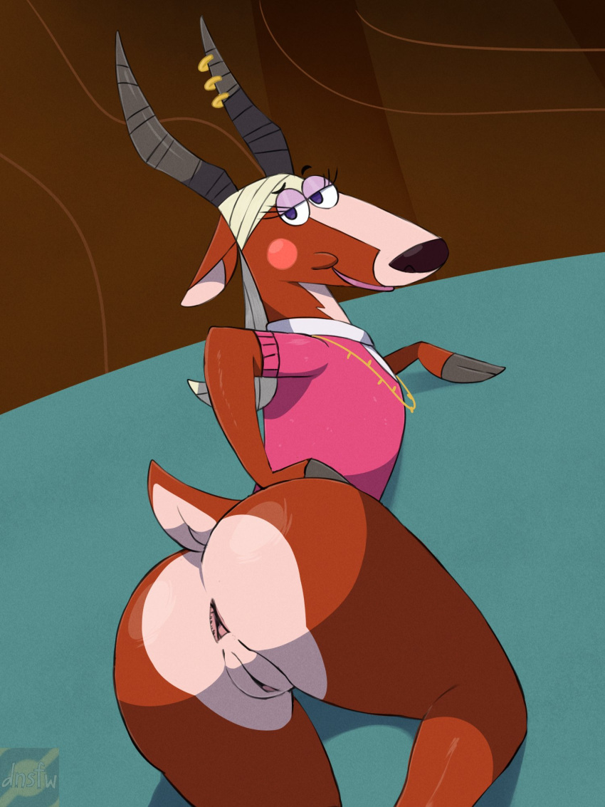 antelope anthro anus ass big_butt bottomless bovid brown_body brown_fur cartoon_network clothed clothing darknsfwindie eyelashes eyeshadow female fur gazelle genitals hair half-closed_eyes hi_res hoof_hands hooved_hands horn looking_at_viewer looking_back looking_back_at_viewer makeup mammal my_gym_partner&#039;s_a_monkey narrowed_eyes nurse_gazelle partially_clothed presenting presenting_hindquarters pussy short_tail solo tail toony topwear