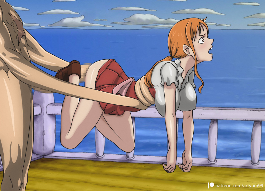 1boy 1girls anal artyum99 breasts clothed clothed_sex female gomu_gomu_no_mi long_penis male monkey_d_luffy nami one_piece orange_hair post-timeskip sex shocked