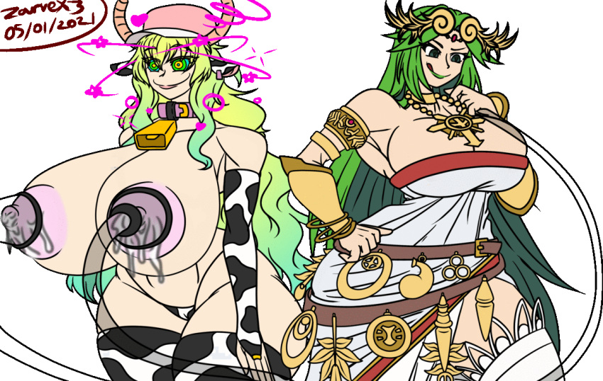 breast_expansion cow_ears cow_girl cow_horns cowbell female high_heels huge_ass huge_breasts hypnosis kid_icarus kid_icarus_uprising lactation lucoa lucoa_(maidragon) miss_kobayashi's_dragon_maid nintendo nipples palutena quetzalcoatl_(dragon_maid) thick_thighs wide_hips zarvex3