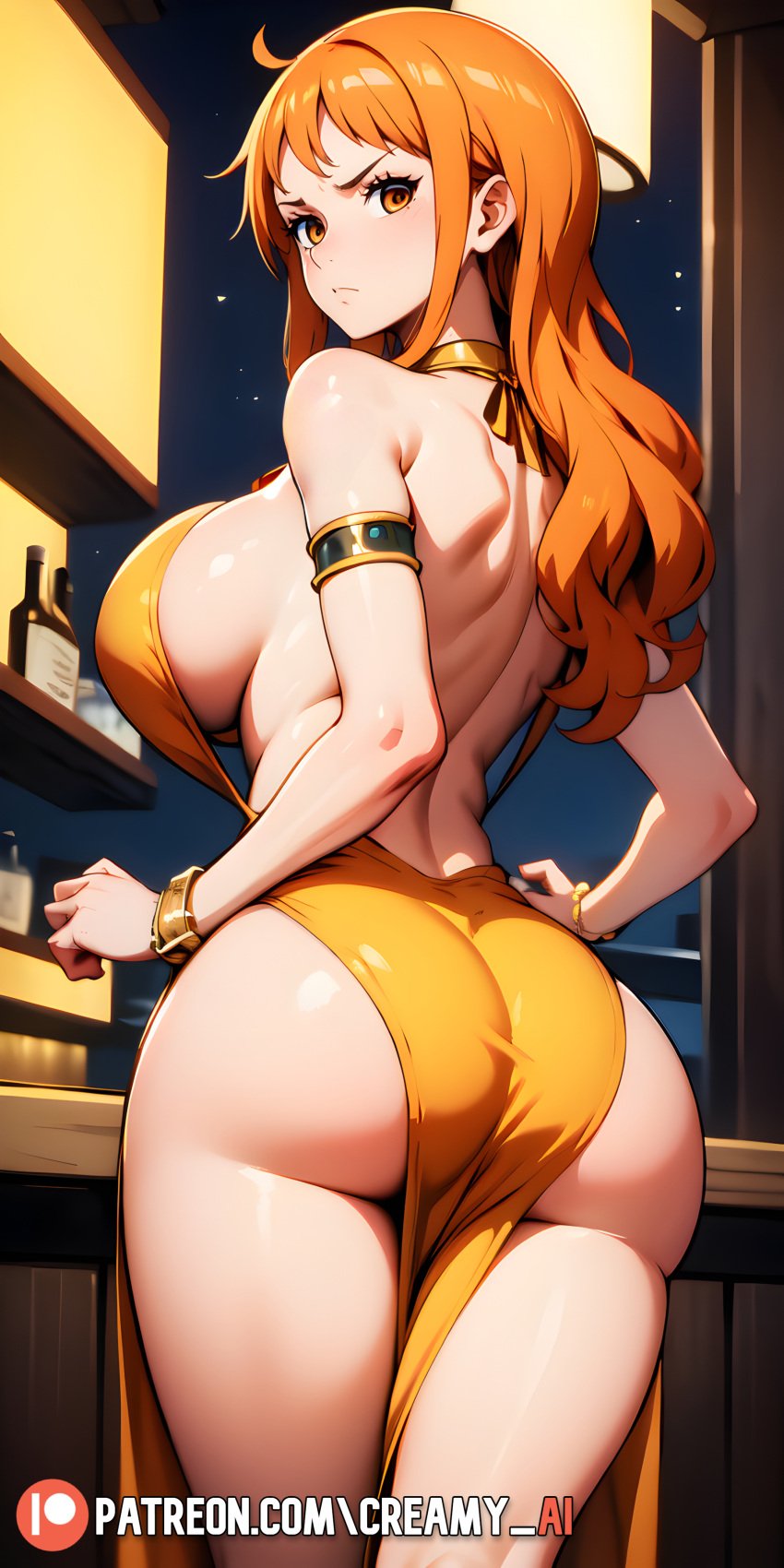 1girls ai_generated ass back big_ass big_breasts bracelet closed_mouth creamy_ai female female_only from_behind gold_dress hi_res long_hair looking_back nami nami_(one_piece) one_piece orange_hair post-timeskip revealing_clothes revealing_dress reverse_outfit shiny_clothes shiny_dress sideboob thick_thighs thighs unamused wavy_hair yellow_dress