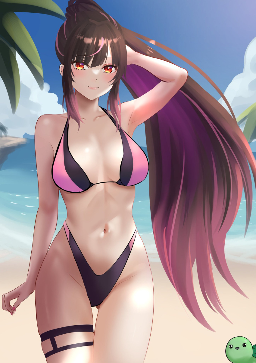 1girls beach bikini black_hair day estebaneishon1 female female_only hana_yomeguri long_hair looking_at_viewer ponytail smiling_at_viewer summer virtual_youtuber