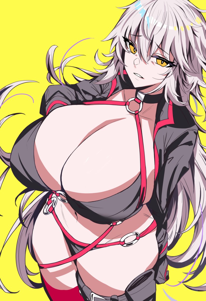 1girls ahoge big_breasts bikini breasts choker cleavage fate/grand_order fate_(series) female_only gloves huge_breasts jeanne_alter jeanne_d'arc_(fate) long_hair looking_at_viewer sawayuzu seductive silver_hair solo swimsuit thick_thighs thighs very_long_hair yellow_eyes