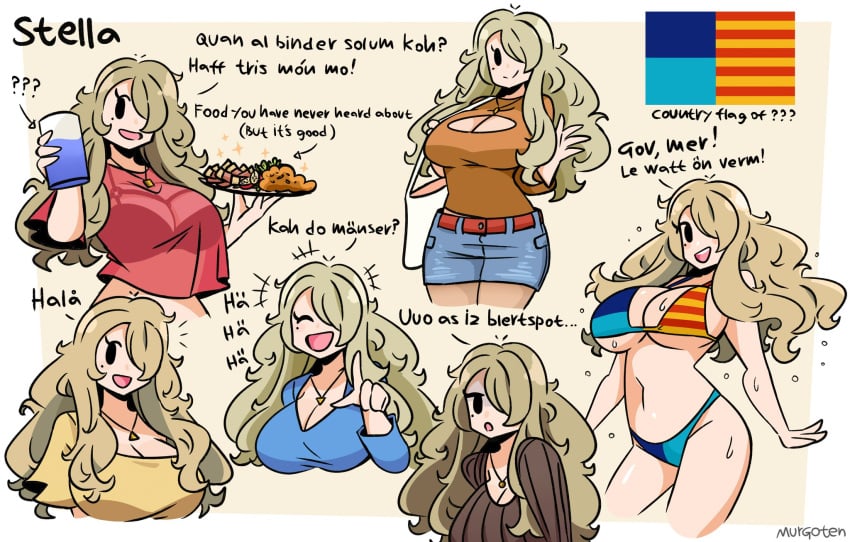 bikini blonde_hair fake_country flag_bikini huge_breasts murgoten stella_(murgoten) translation_request