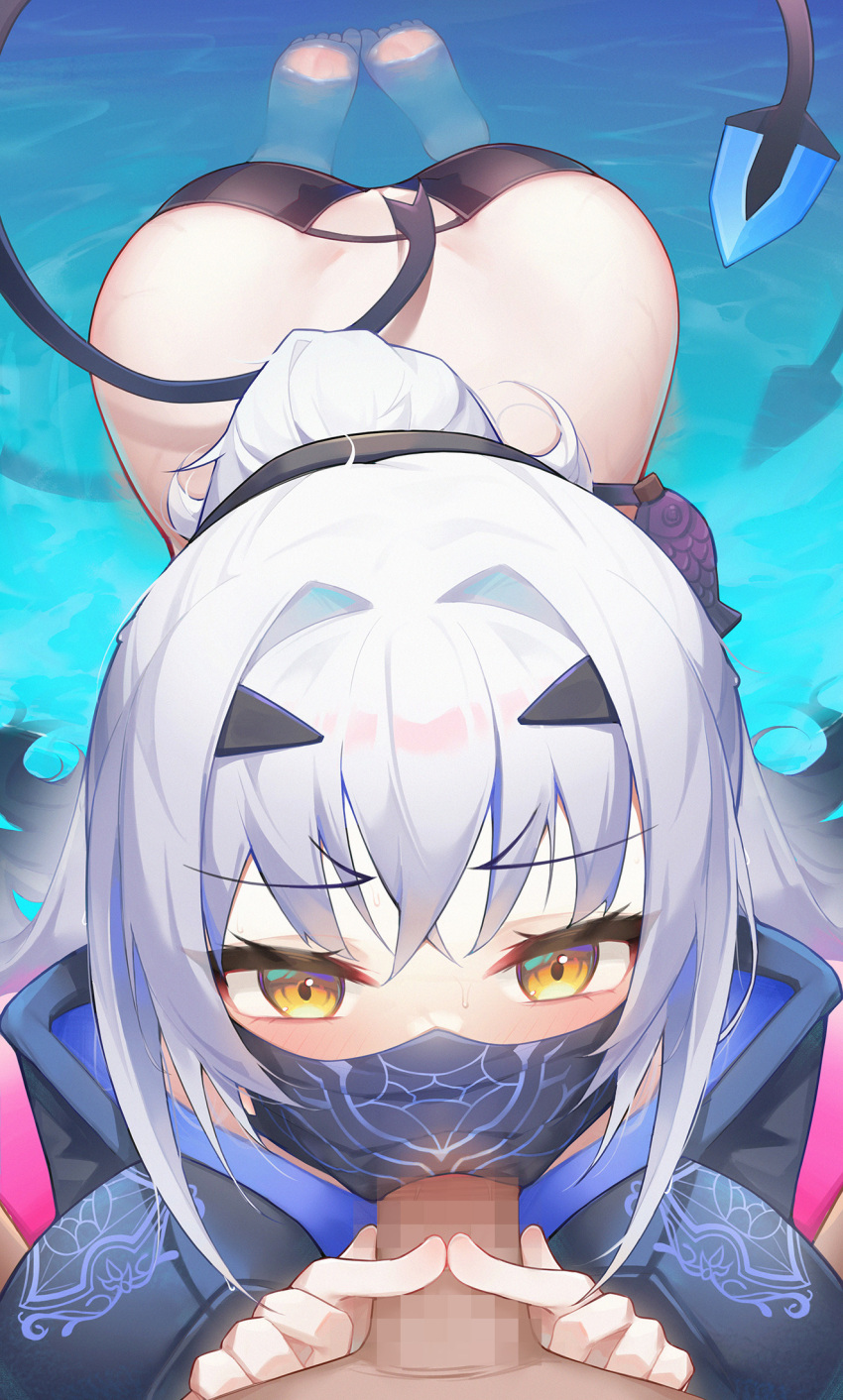 ass bikini black_bikini black_jacket censored cropped_jacket fate/grand_order fate_(series) fellatio fellatio_under_mask female forked_eyebrows high_ponytail highres hongshi_(13234456009) jacket long_hair long_sleeves looking_at_viewer mask melusine_(fate) melusine_(swimsuit_ruler)_(fate) mouth_mask oral penis shrug_(clothing) sidelocks straight swimsuit tail water white_hair yellow_eyes