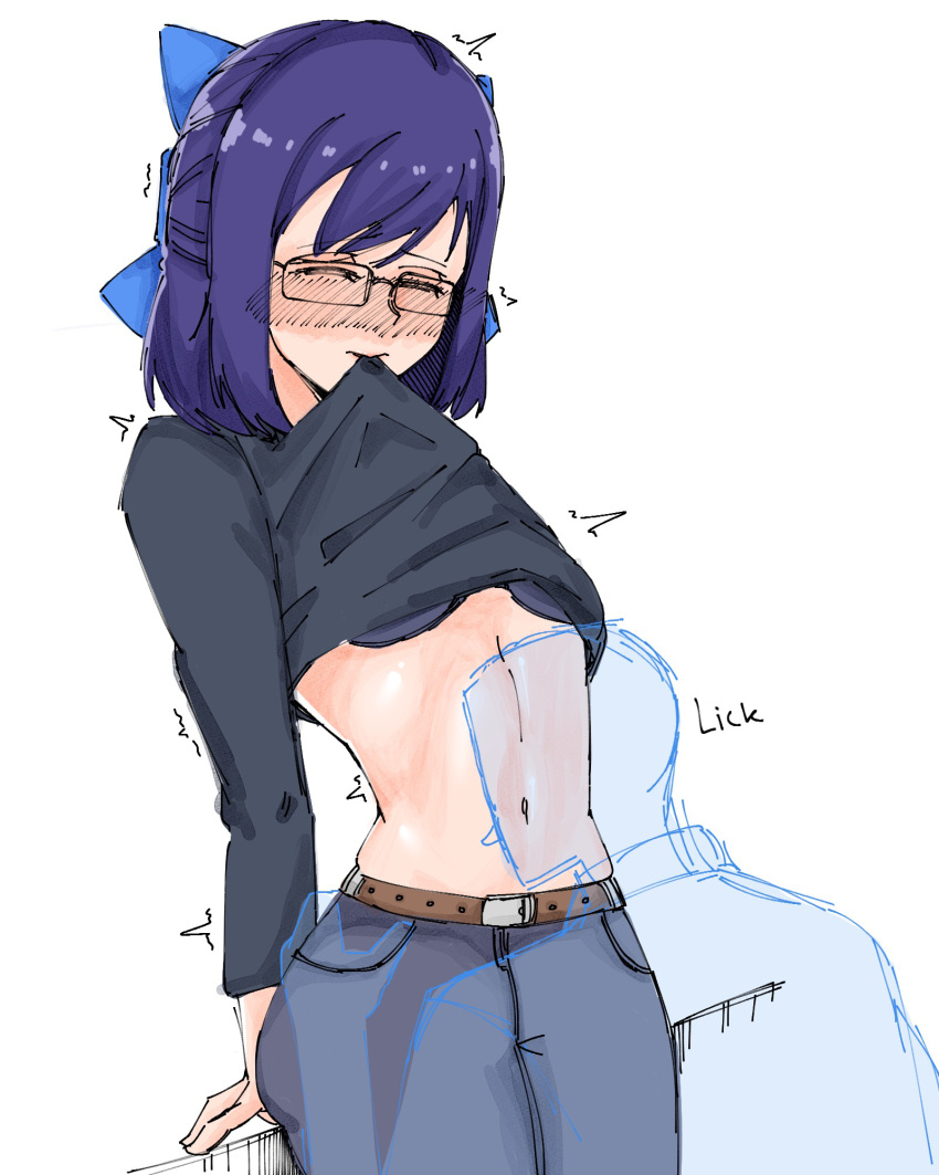 1boy 1girls a-chan_(hololive) blue_ribbon blush closed_eyes crumblestodust hololive hololive_staff jeans licking_stomach purple_hair ribbon see-through_male stomach top_lift virtual_youtuber