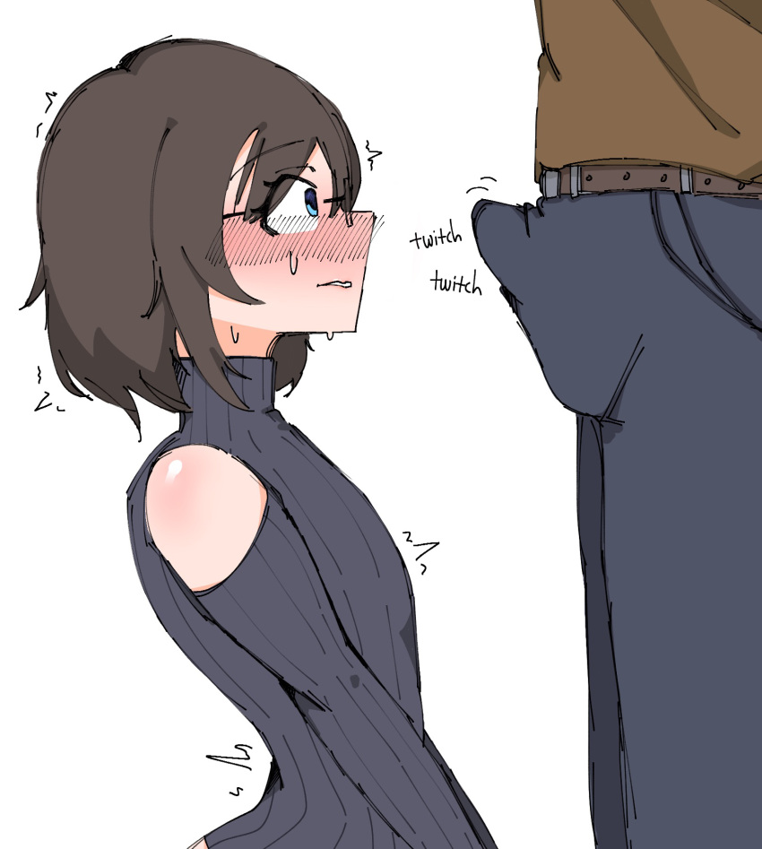 1boy 1girls blush brown_hair bulge crumblestodust erection erection_under_clothes glasses imminent_fellatio imminent_oral nervous original_character penis_bulge penis_visible_through_pants short_hair small_breasts sweater wide_eyed