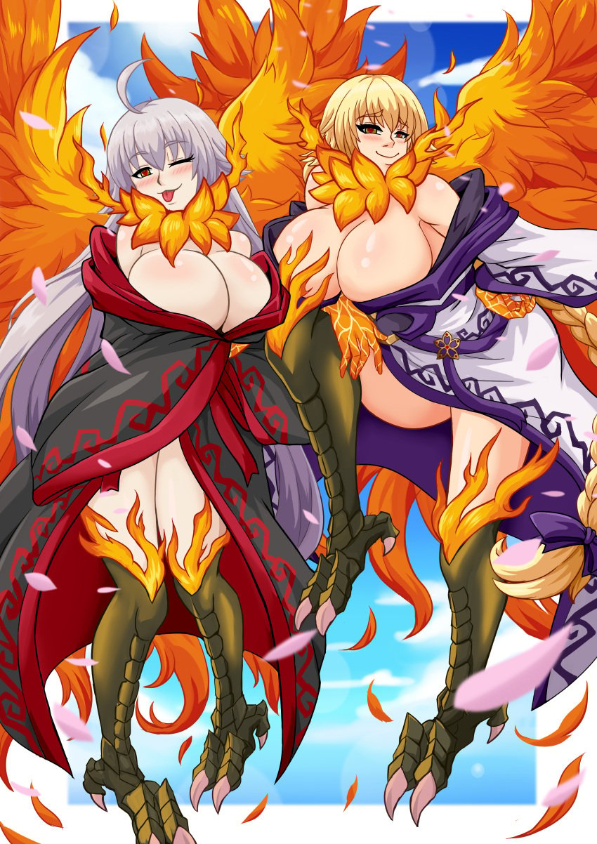 2girls blonde_hair blush braid breasts cleavage fate/apocrypha fate/grand_order fate_(series) female_only femsub happy_trance heart heart_eyes huge_breasts jeanne_alter jeanne_d'arc_(fate) kimono large_breasts long_hair multiple_girls oiran phoenix rud-k smile symbol_in_eyes tongue tongue_out twintails very_long_hair white_hair wings wink yellow_eyes