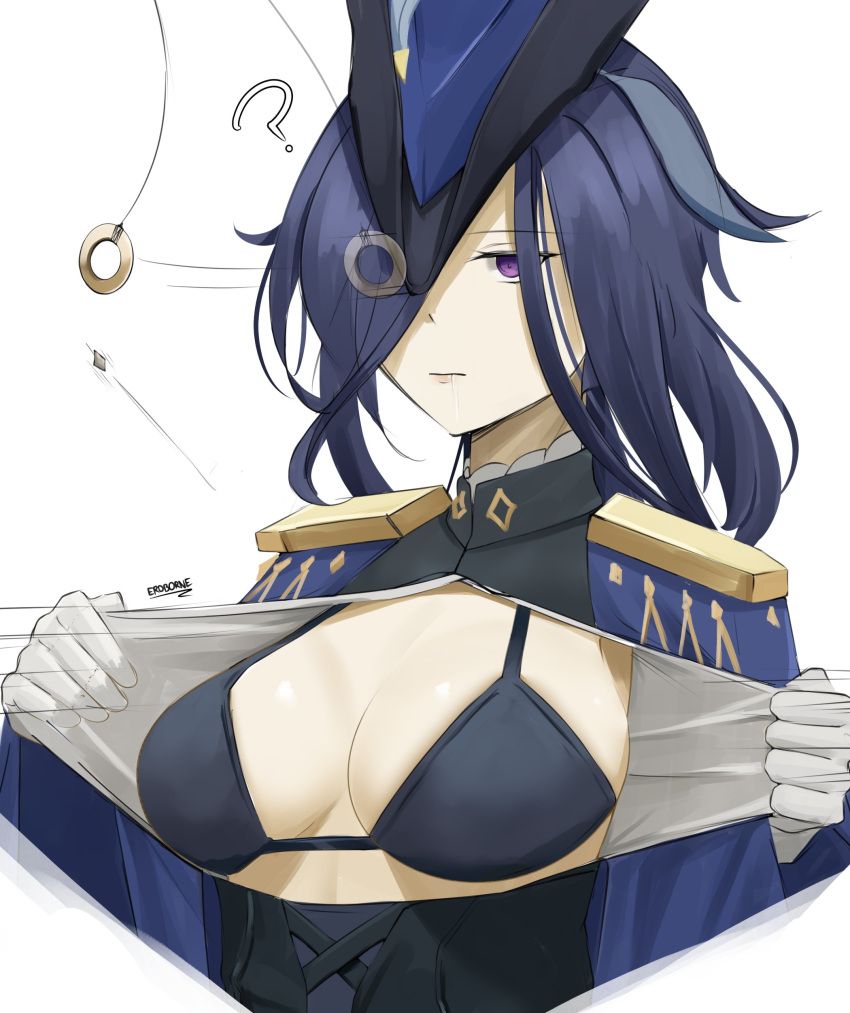 1girls ? afterimage black_bra black_shirt blue_hair bra buttons capelet clorinde_(genshin_impact) epaulettes eroborne failure genshin_impact hair_over_one_eye hat hi_res hypnosis medium_breasts medium_hair mind_control motion_lines open_clothes parted_lips purple_eyes simple_background underwear white_background