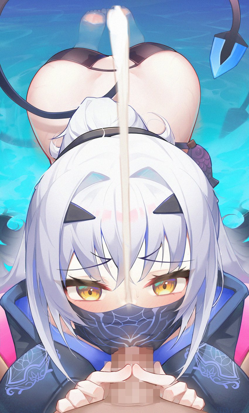 ass bikini black_bikini black_jacket censored cropped_jacket cum ejaculation fate/grand_order fate_(series) fellatio fellatio_under_mask female forked_eyebrows high_ponytail highres hongshi_(13234456009) jacket long_hair long_sleeves looking_at_viewer mask melusine_(fate) melusine_(swimsuit_ruler)_(fate) mouth_mask oral penis shrug_(clothing) sidelocks straight swimsuit tail water white_hair yellow_eyes