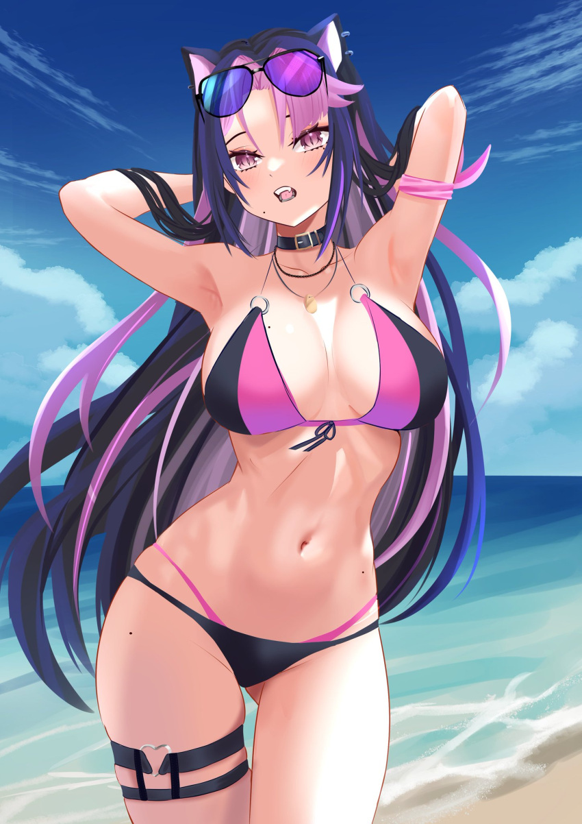 1girls animal_ears arms_up beach bikini blue_hair day estebaneishon1 female female_only glasses highres latam_virtual_youtuber mole mole_on_breast mole_under_eye pink_eyes pink_hair ponytail shura_hiwa two_tone_hair virtual_youtuber vjin vtuber vtuberfanart