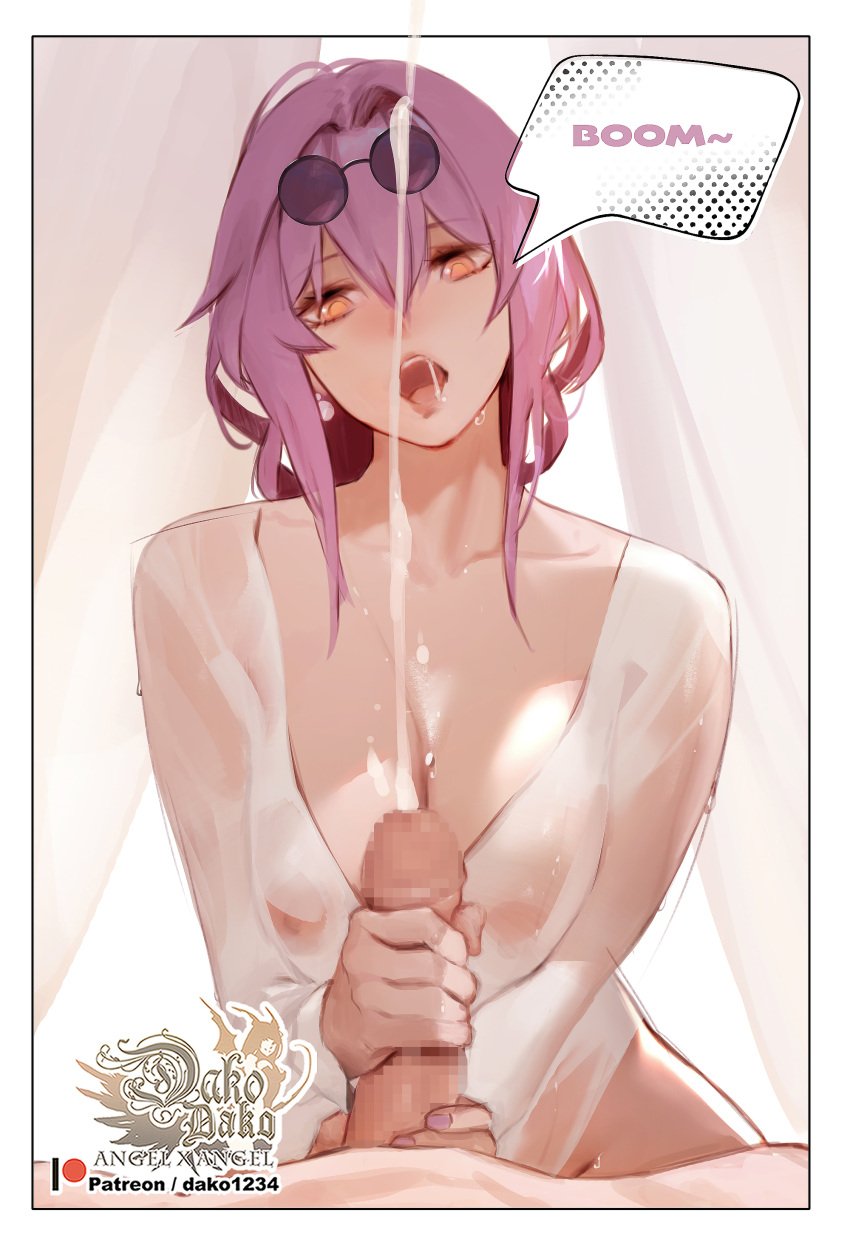 1boy 1girls absurdres artist_logo border breasts censored collarbone cum ejaculation english_text eyewear_on_head faceless_male female handjob highres honkai:_star_rail honkai_(series) hu_dako kafka_(honkai:_star_rail) large_breasts light-skinned_female light-skinned_male light_skin male mosaic_censoring open_mouth orange_eyes penis pov pov_crotch projectile_cum purple_hair saliva see-through see-through_shirt speech_bubble straight sweat white_border