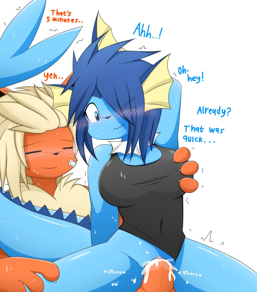 anthro blue_body blue_eyes blue_hair bodily_fluids bottomless breast_grab breasts clothed clothing cum cum_in_pussy cum_inside dialogue duo eeveelution female female_penetrated fin flareon from_behind_position fur generation_1_pokemon genital_fluids hair hand_on_breast hi_res looking_pleasured male male/female male_penetrating male_penetrating_female medium_breasts nakachidragon nintendo partially_clothed penetration penile penile_penetration pokemon pokemon_(species) red_body red_fur sex simple_background tail text vaginal_penetration vaginal_penetration vaporeon white_background