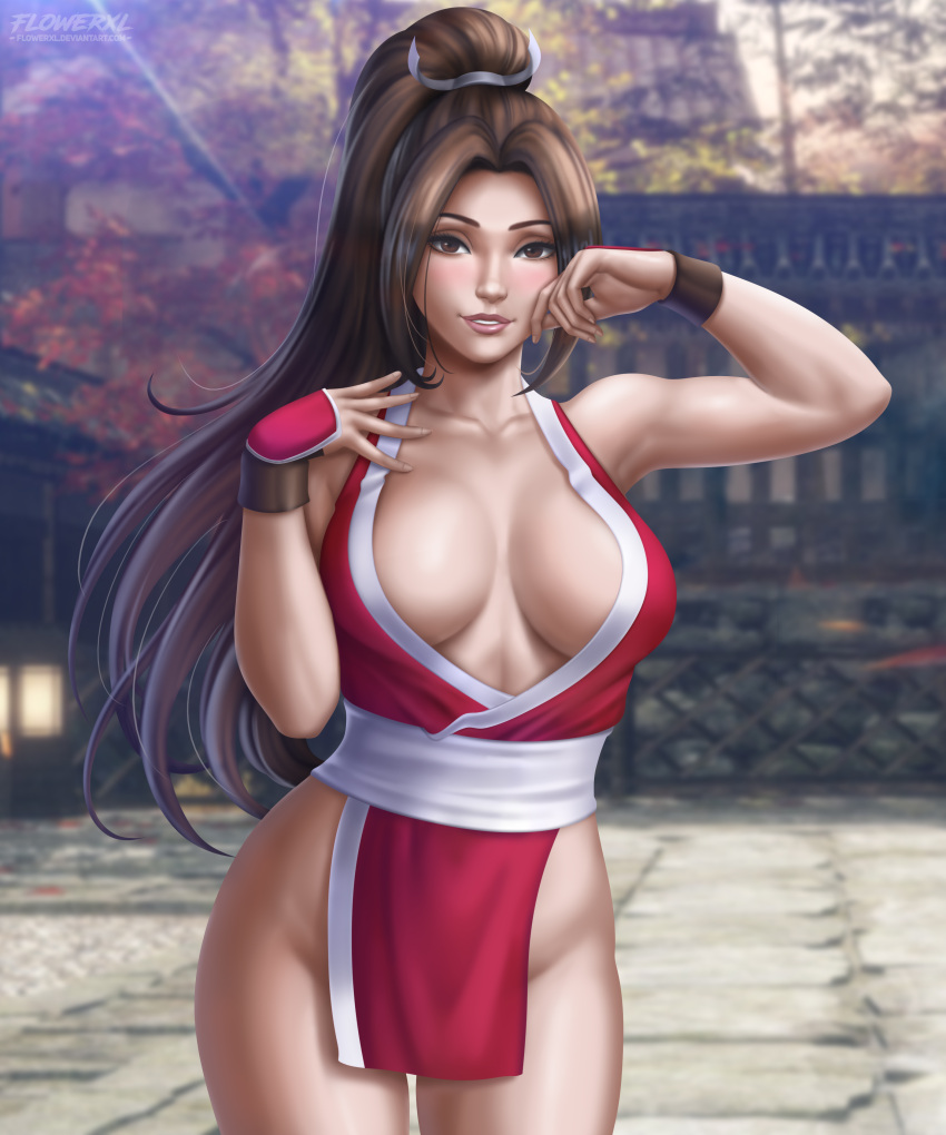 1girls 5:6 abs armpits braless breasts brown_eyes brown_hair cleavage deviantart eye_contact fatal_fury female female_only flowerxl hair_ornament huge_breasts japanese king_of_fighters long_hair looking_at_viewer mai_shiranui no_bra_under_clothes outdoors pale-skinned_female pale_skin ponytail pose red_clothes red_suit revealing_clothes seductive_look seductive_smile skinny_waist snk solo standing thick_thighs thigh_gap thong url video_game_character watermark wide_hips