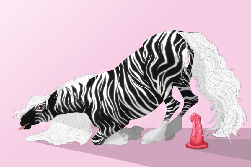 1girls 3:2 absurd_res artist_name black_body black_fur eyelashes female female_only feral fur furry hi_res huskii-s looking_back mane narrowed_eyes pink_background presenting_hindquarters rear_view red_dildo red_eyes red_tongue simple_background solo striped_back striped_body striped_legs striped_neck stripes tail tongue tongue_out white_body white_fur white_mane white_tail