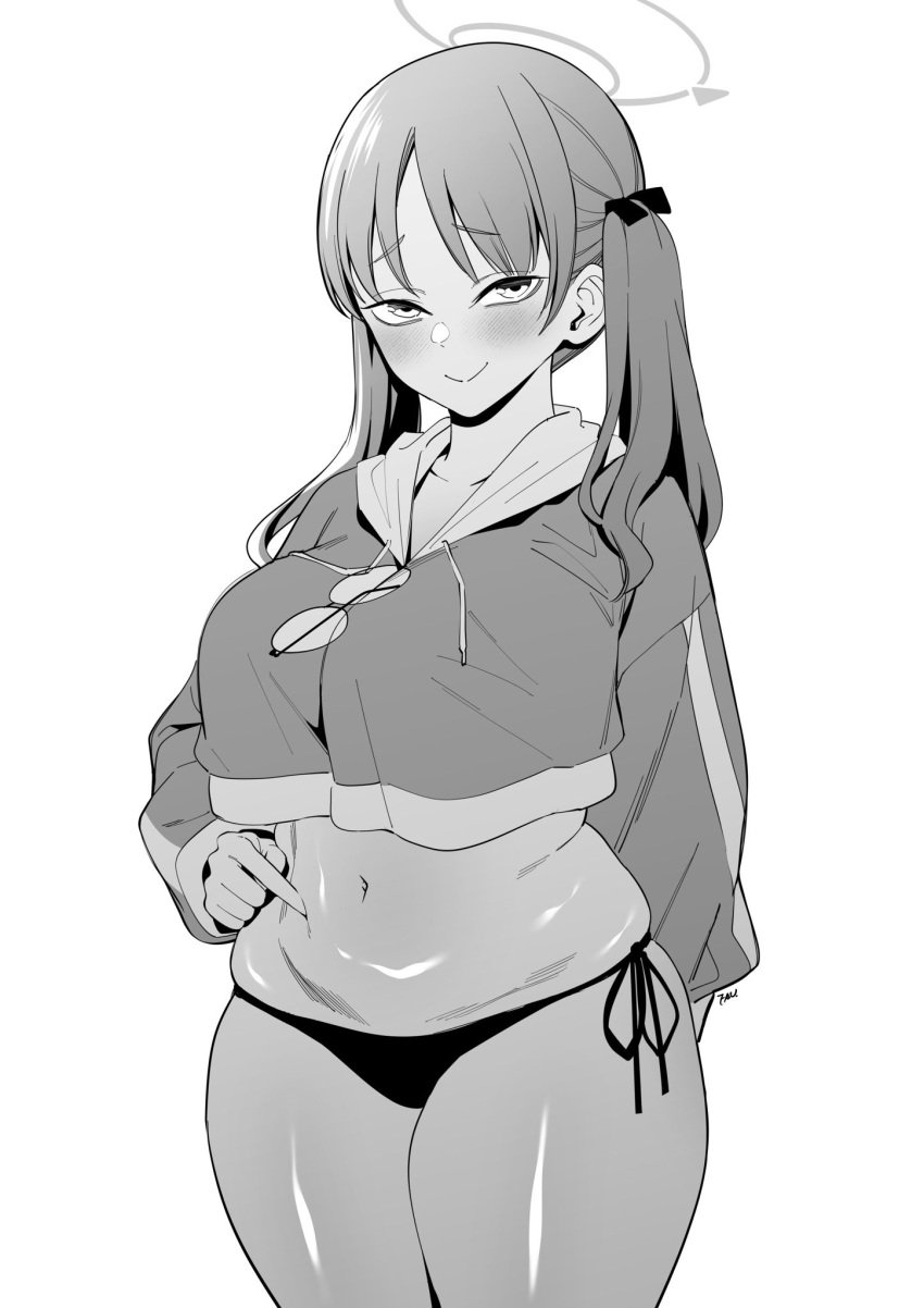 alex30818 belly_poke blue_archive blush chubby cowboy_shot fan_(f.w.zholic) huge_breasts moe_(blue_archive) moe_(swimsuit)_(blue_archive) naughty_face poking_belly rabbit_squad_(blue_archive) seductive_look smile srt_special_academy_student thick_thighs wide_hips