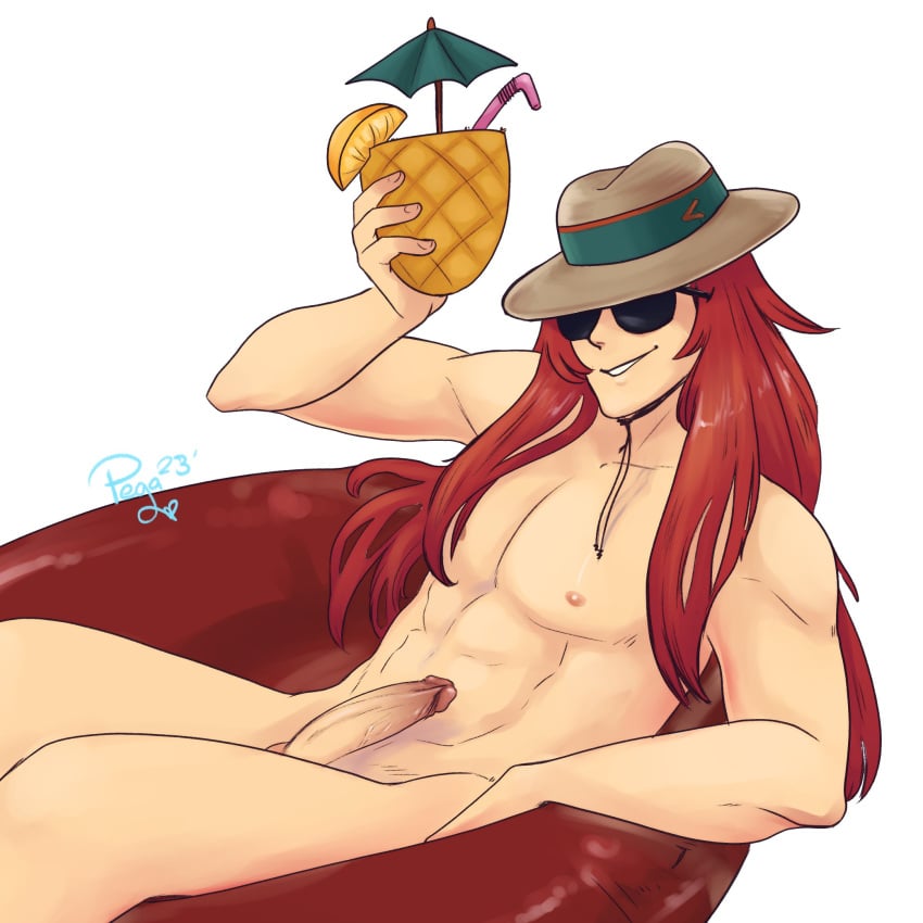 1boy abs erection fire_emblem fire_emblem:_the_sacred_stones fire_emblem_heroes hand_raised hat inflatable_tube joshua_(fire_emblem) long_hair male male_only nintendo nipples nude pegaslick penis pineapple red_hair smirk solo straw sunglasses tropical_drink umbrella