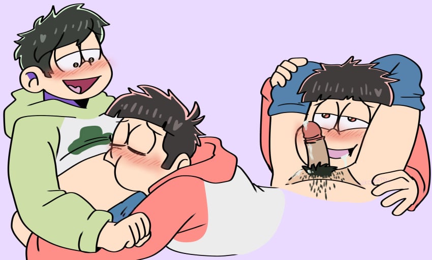 after_oral blowjob cum drunk drunk_sex face_between_thighs gay incest kissing_belly kissing_stomach matsuno_choromatsu matsuno_osomatsu osomatsu-san partially_retracted_foreskin small_penis smiling smiling_at_another uncircumcised yaoi