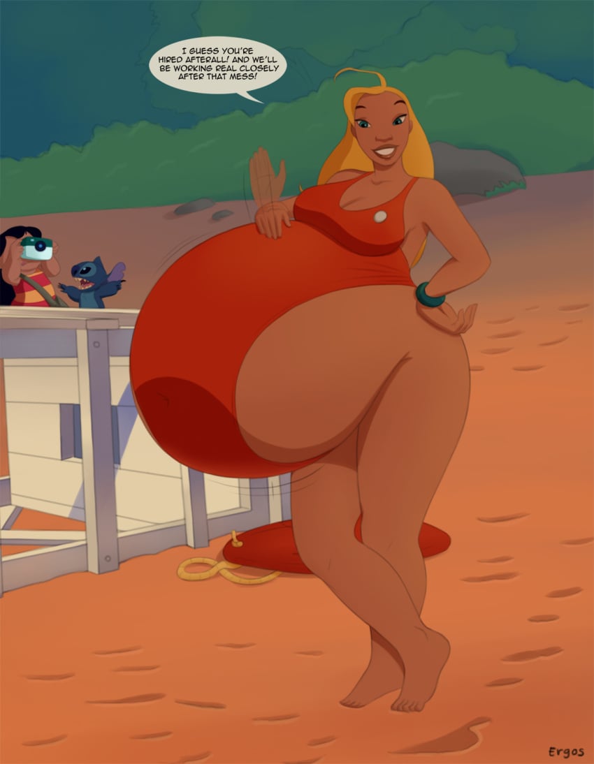 beach belly big_belly big_breasts blonde_hair breasts cleavage dark-skinned_female dark_skin dialogue disney ergos female hand_on_hip huge_belly lifeguard lifeguard_(lilo_and_stitch) lilo_and_stitch one-piece_swimsuit same_size_vore text vore