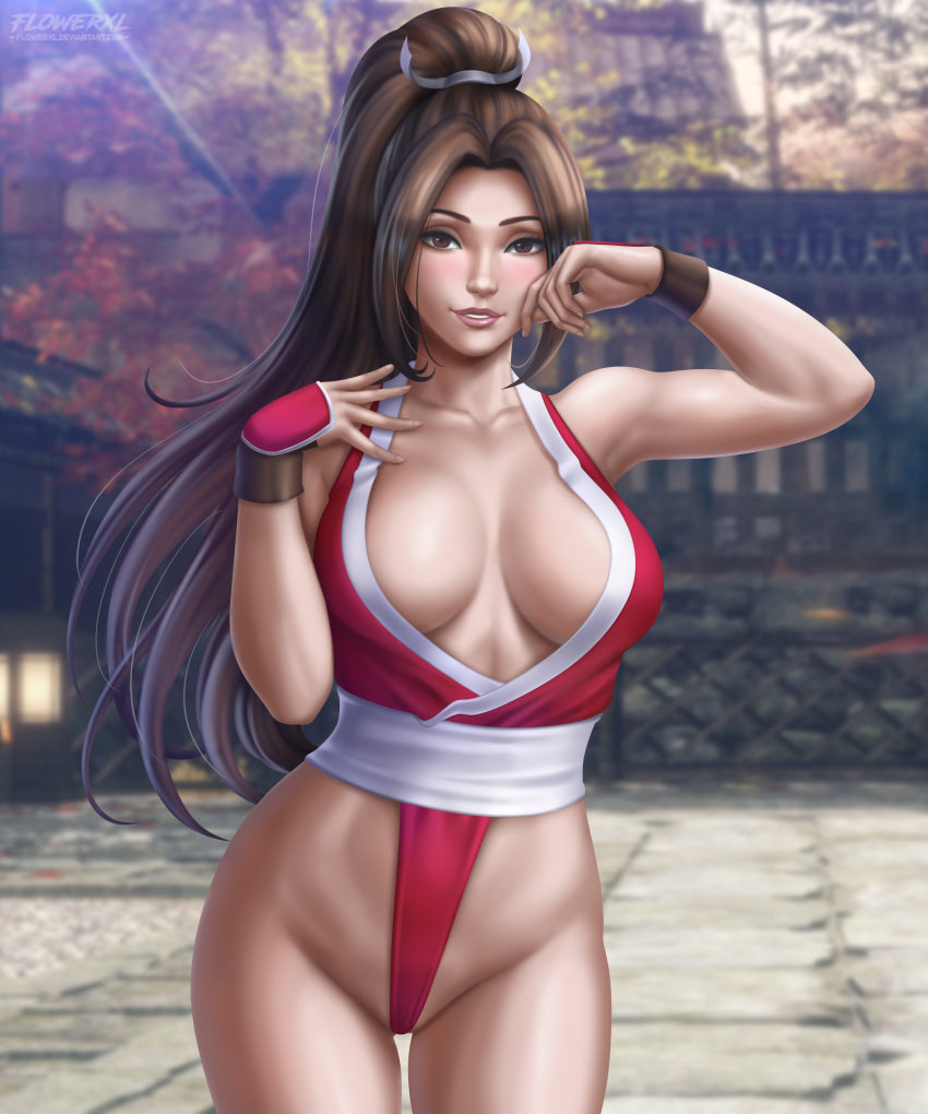 1girls 5:6 abs armpits breasts brown_eyes brown_hair cleavage deviantart eye_contact fatal_fury female female_only flowerxl hair_ornament huge_breasts japanese king_of_fighters long_hair looking_at_viewer mai_shiranui no_bra no_bra_under_clothes outdoors pale-skinned_female pale_skin ponytail pose red_clothes red_suit revealing_clothes seductive_look seductive_smile skinny_waist snk solo standing thick_thighs thigh_gap thong url video_game_character watermark wide_hips