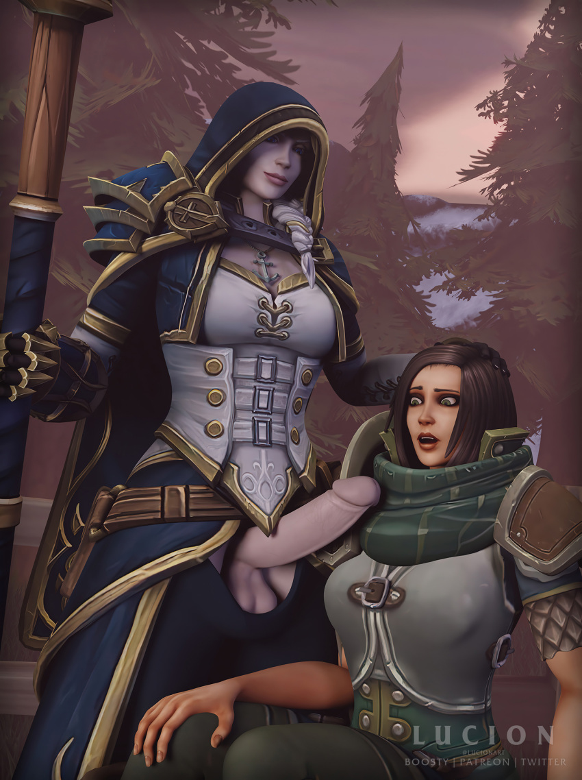 1girls 3d 3d_(artwork) big_penis blizzard_entertainment clothing dickgirl female futa_on_female futanari green_eyes hood jaina_proudmoore light-skinned_female light-skinned_futanari lucionart pants_down staff taelia_fordragon warcraft white_hair world_of_warcraft