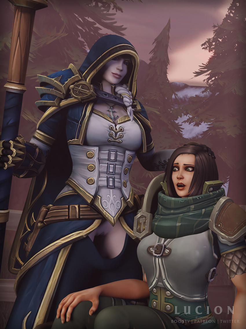 2girls 3d 3d_(artwork) blizzard_entertainment clothing green_eyes hood jaina_proudmoore light-skinned_female lucionart pants_down pussy staff taelia_fordragon warcraft white_hair world_of_warcraft