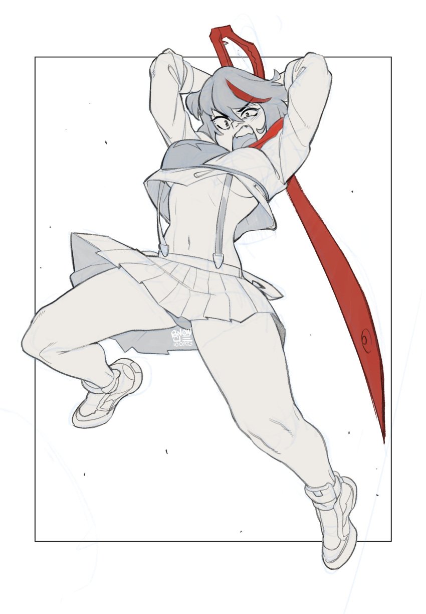 1girls absurdres action_pose armpits bangs big_breasts black_hair black_skirt blue_eyes breasts chair cleavage clenched_teeth clothed female female_only front_view full_body garter_straps gloves hair_between_eyes hair_streak human kamui_(kill_la_kill) kill_la_kill lipstick matoi_ryuuko midriff miniskirt monochrome muscular_thighs navel nipple_bulge open_mouth panties perky_breasts red_hair red_lipstick revealing_clothes scissor_blade senketsu serafuku short_hair simple_background single_glove sketch skimpy skindentation skirt snowcie solo spread_legs straight_hair suspenders sweat thick_thighs thigh_boots thong thunder_thighs tomboy underboob upskirt weapon white_background