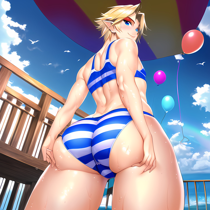 ai_generated ass_focus balloon big_ass big_butt blonde_hair blue_eyes crop_top curvaceous curvy curvy_figure femboy from_below girly grabbing_own_ass huge_ass link nai_diffusion novelai ocean pier pov stable_diffusion striped_panties the_legend_of_zelda wet wet_body