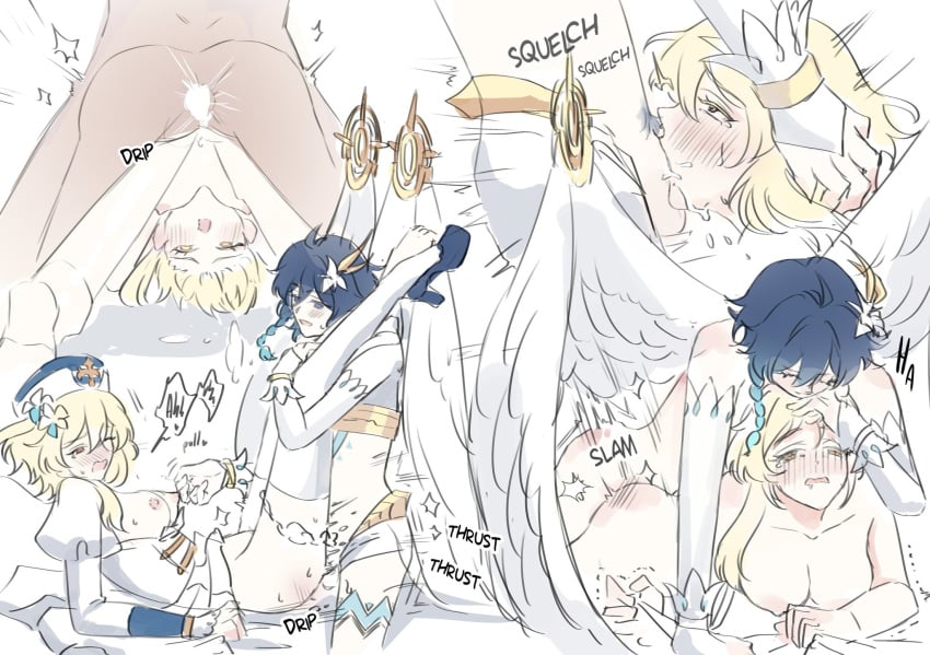 barbatos_(genshin_impact) blonde_hair blush braids breasts deity femboy femboy_on_female genshin_impact lumine_(genshin_impact) mylazysister nipple_tweak otoko_no_ko penetration_from_behind petite_femboy straight sucking_penis tears venti_(genshin_impact) wings