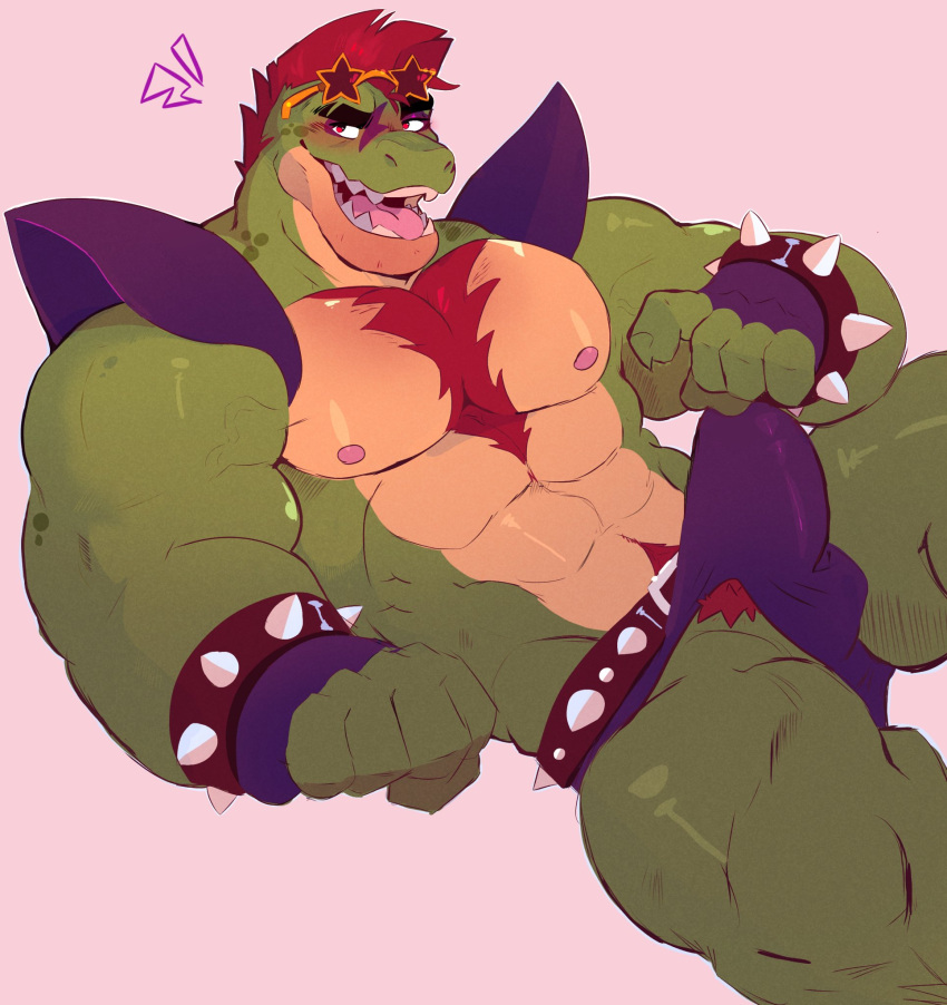 alligator alligatorid anthro blush boner clothed clothing crocodilian erection erection_under_clothing five_nights_at_freddy's five_nights_at_freddy's:_security_breach green_body hair hi_res male male_only montgomery_gator_(fnaf) mrpandhew muscular muscular_male nipples red_eyes red_hair reptile scalie scottgames simple_background solo steel_wool_studios thong underwear