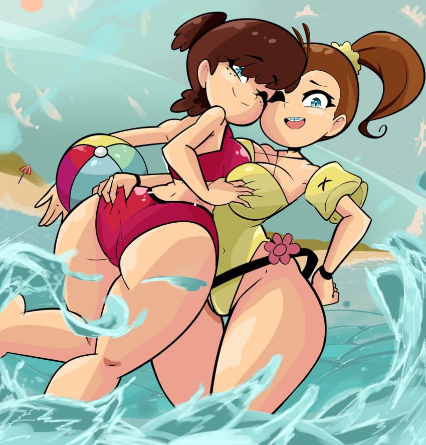 black_hair blue_eyes braces breasts brown_hair eye_closed kemono_killer looking_at_viewer luan_loud lynn_loud nickelodeon red_swimsuit smile smiling smiling_at_viewer squeezing_breast squeezing_butt swimsuit the_loud_house white_skin yellow_swimsuit