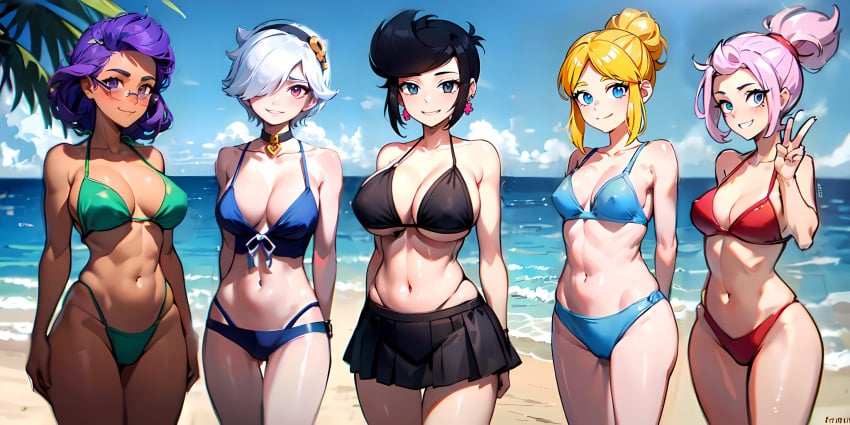 2023 5girls ai ai_generated ai_hsl arms_behind_back athletic athletic_female beach belly_button bibi_(brawl_stars) big_breasts bikini bikini_bottom bikini_top black_bikini black_bikini_bottom black_bikini_top black_hair blonde_hair blue_bikini blue_bikini_bottom blue_bikini_top blue_eyes brawl_stars busty choker colette_(brawl_stars) dark-skinned_female dark_skin earrings female female_only front_view glasses green_bikini green_bikini_bottom green_bikini_top hair_ornament hair_over_one_eye half-dressed half_naked hornysluttyloli huge_breasts janet_(brawl_stars) large_breasts leaves_in_hair legs_together light-skinned_female light_skin long_hair looking_at_viewer navel palm_tree pink_eyes pink_hair piper_(brawl_stars) ponytail purple_eyes purple_hair red_bikini red_bikini_bottom red_bikini_top rosa_(brawl_stars) sand short_hair smile smiling smiling_at_viewer stable_diffusion standing summer supercell teeth thick_thighs v_sign water white_hair wide_hips yellow_hair