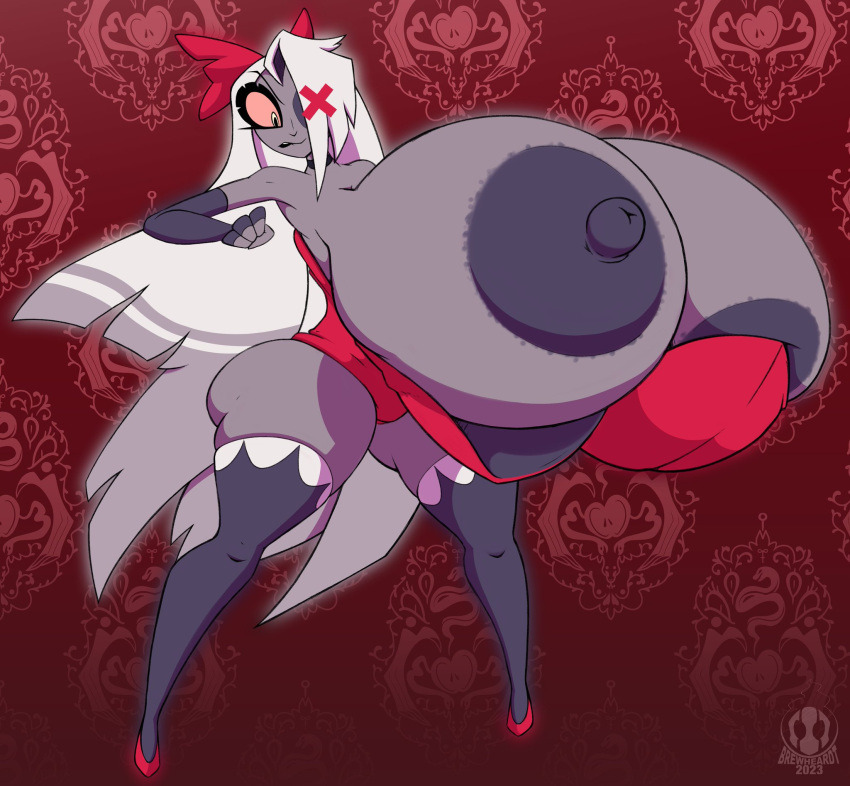 2023 big_breasts boob_window breasts_bigger_than_head breasts_bigger_than_torso breasts_out brewheardt clothed dress female female_only hazbin_hotel hyper_breasts no_bra overflowing_breasts solo useless_clothing vaggie_(hazbin_hotel) vivienne_medrano vivziepop