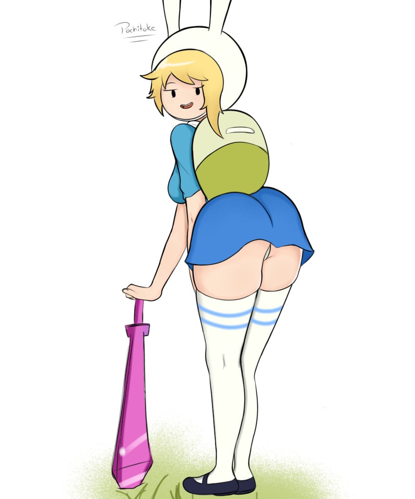 adventure_time ass backpack bag ballet_slippers blonde_hair bunny_costume clothing female fionna_the_human_girl footwear hand_on_sword human legwear looking_at_viewer miniskirt pale_skin pochitoke skirt skirt_lift stockings upskirt weapon