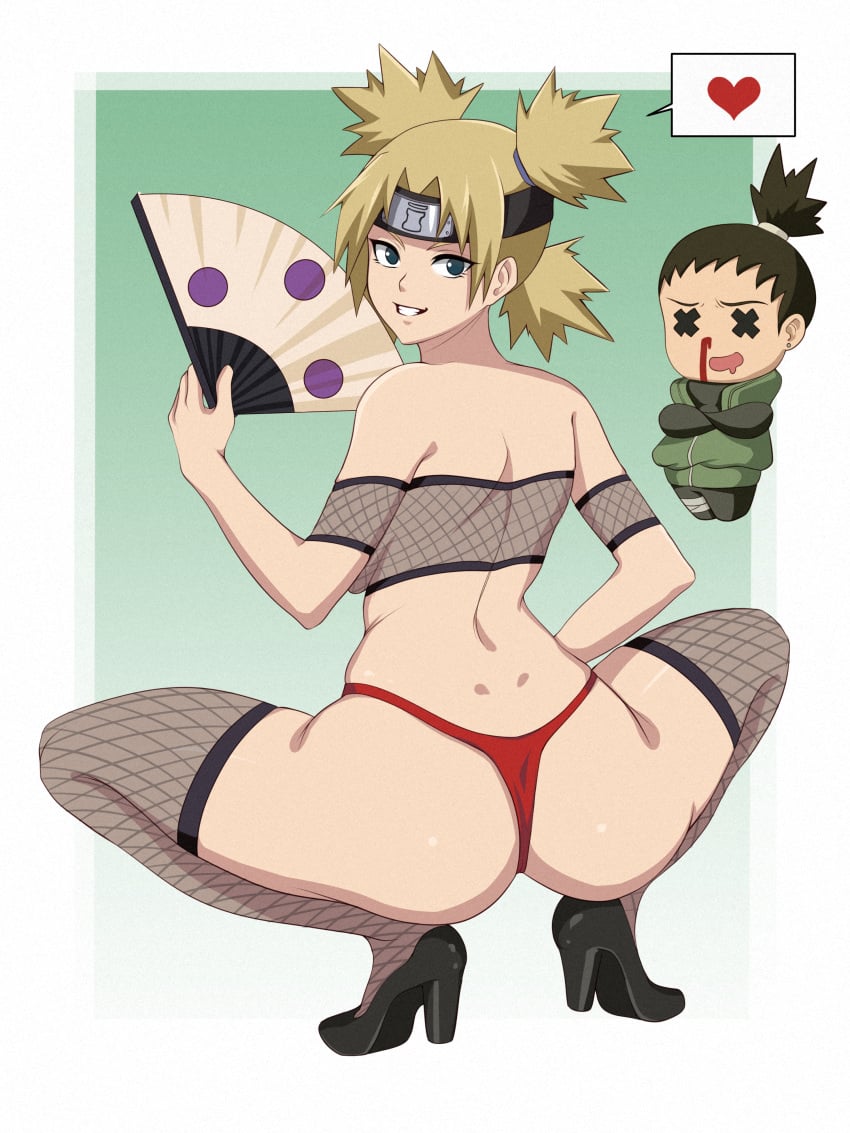 1boy 1girls ass bandaged_leg bandages big_breasts bikini black_hair blue_eyes canon_couple chibi chibi_inset couple cowboy_shot crop_top curvaceous fanning fanning_self female female_focus fishnet_stockings fishnet_topwear fishnets folding_fan from_behind g-string grin heart heart_eyes heels high_heels highleg highleg_panties holding_object long_hair male mandytsune mesh nara_shikamaru naruto naruto_(series) naruto_shippuden nosebleed pinup ponytail quad_tails smile spoken_heart squatting stockings teasing temari thighhighs thong tied_hair tubetop x_eyes